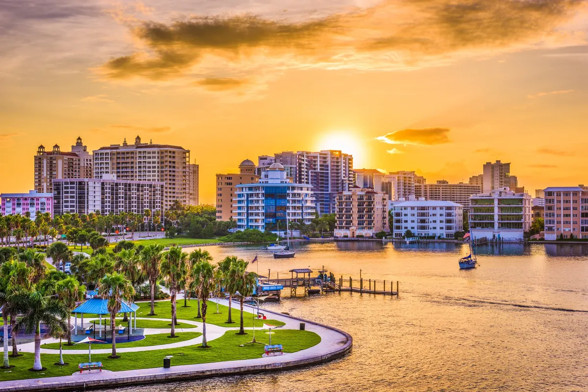 Bradenton riverfront skyline at sunset