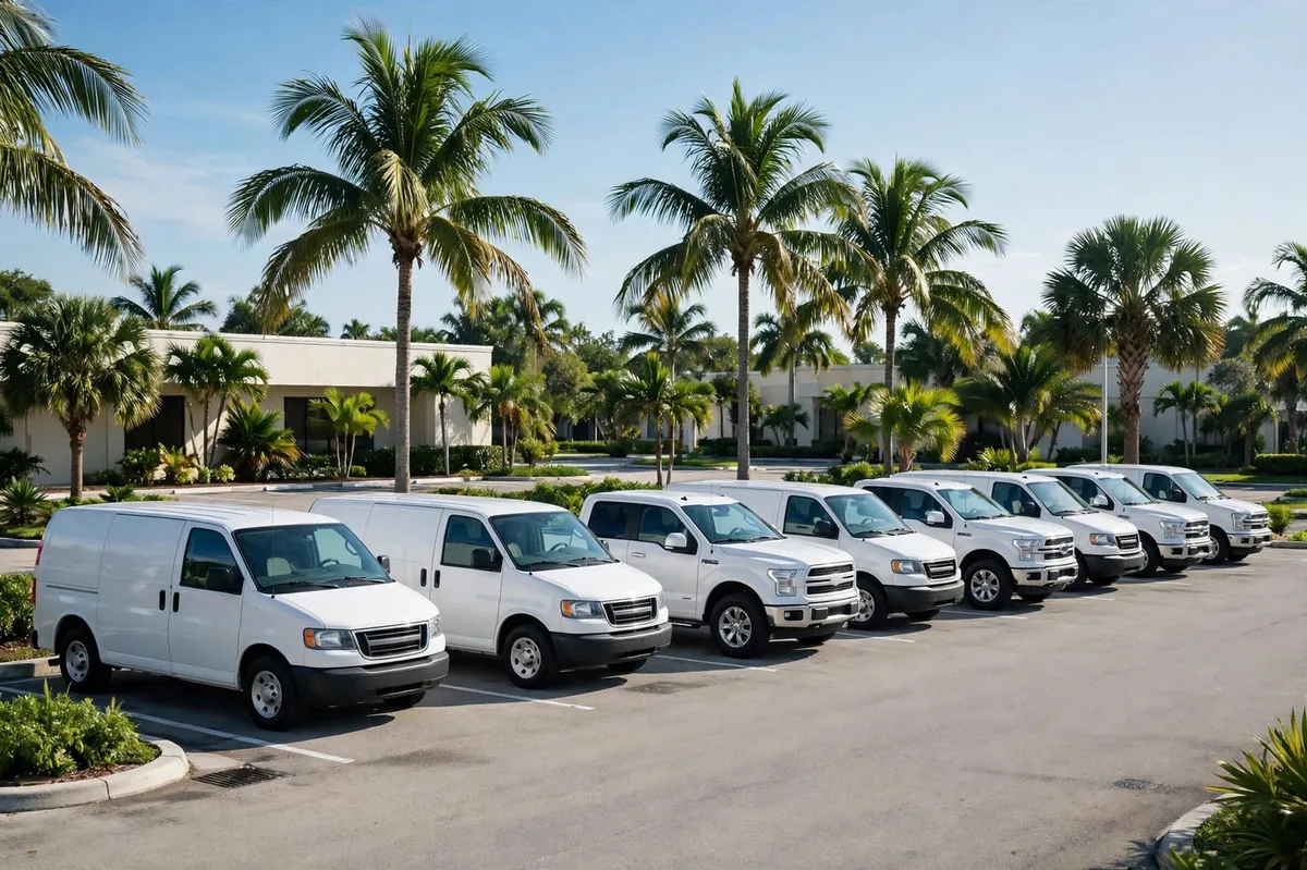 Fleet of white work vans and pickup trucks parked in a Florida lot